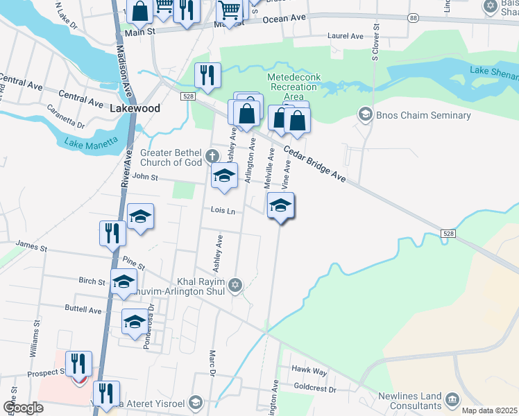 map of restaurants, bars, coffee shops, grocery stores, and more near 198 Melville Avenue in Lakewood Township