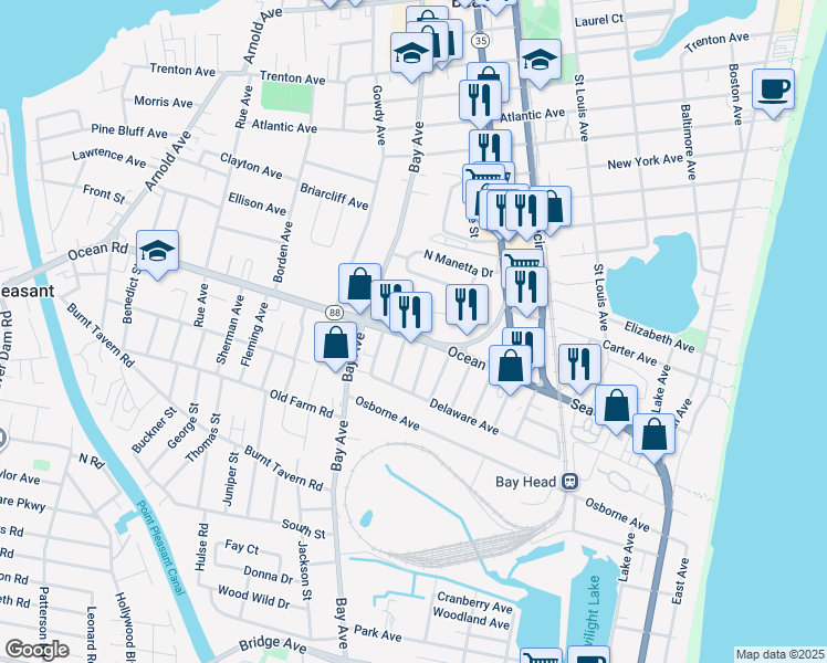 map of restaurants, bars, coffee shops, grocery stores, and more near 637 Ocean Road in Point Pleasant