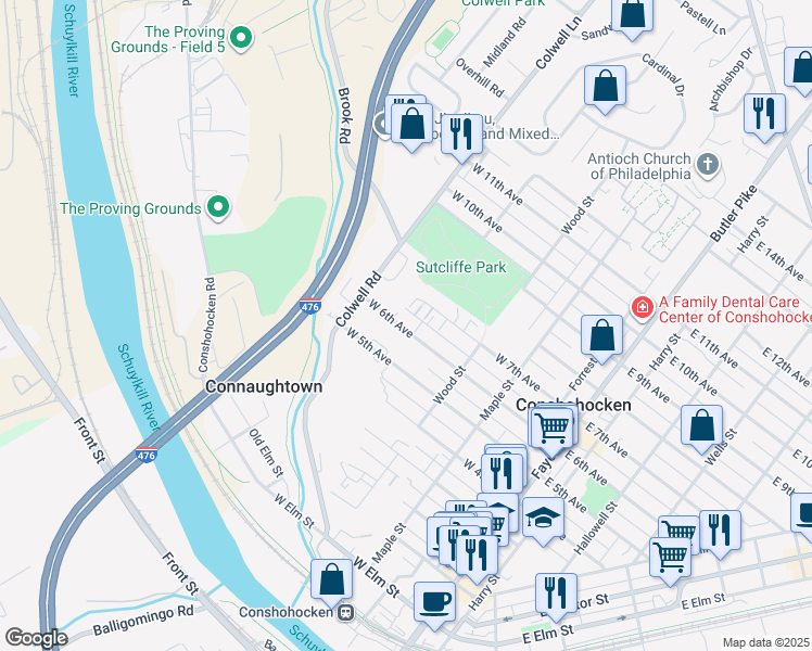 map of restaurants, bars, coffee shops, grocery stores, and more near 408 West 6th Avenue in Conshohocken