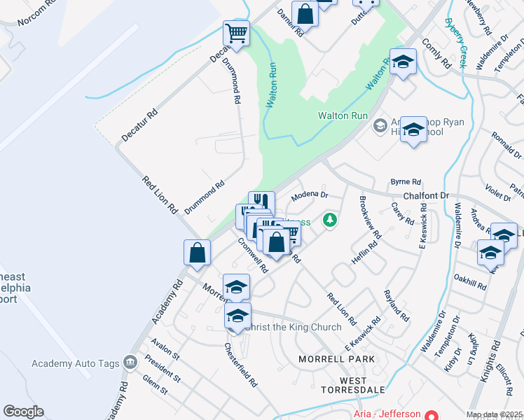map of restaurants, bars, coffee shops, grocery stores, and more near 3205 Red Lion Road in Philadelphia