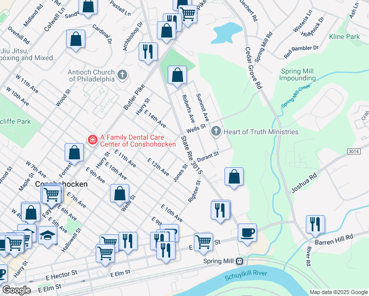 map of restaurants, bars, coffee shops, grocery stores, and more near 325 East North Lane in Conshohocken