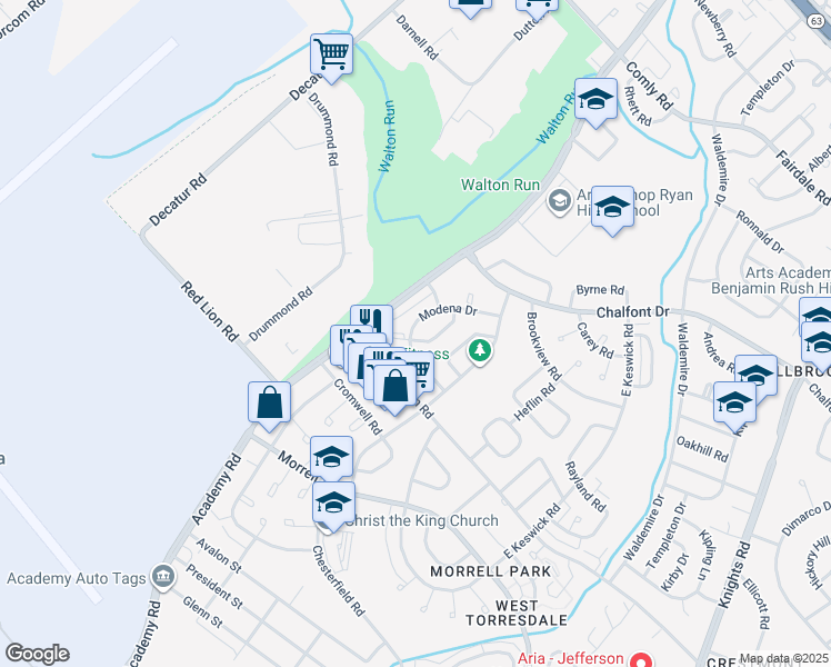 map of restaurants, bars, coffee shops, grocery stores, and more near 10802 Modena Terrace in Philadelphia