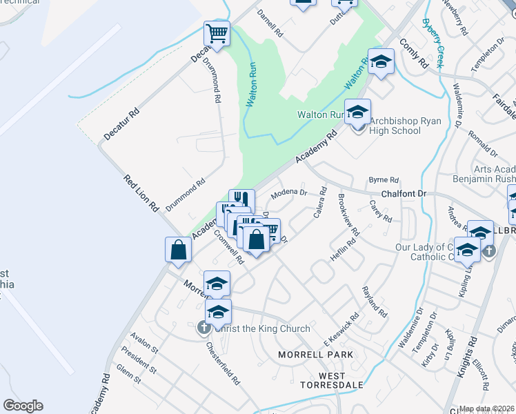 map of restaurants, bars, coffee shops, grocery stores, and more near 10802 Modena Terrace in Philadelphia
