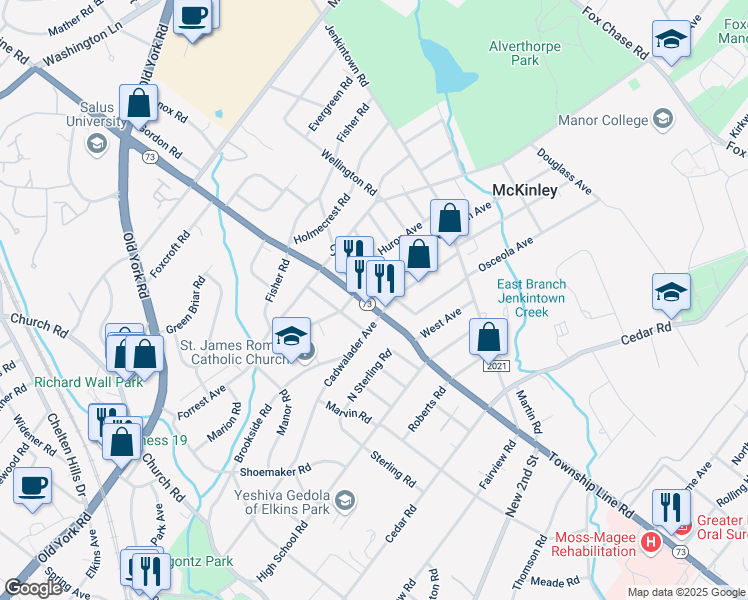map of restaurants, bars, coffee shops, grocery stores, and more near 907 Township Line Road in Elkins Park