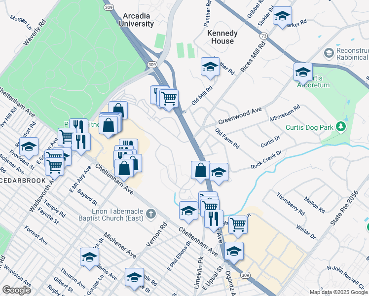 map of restaurants, bars, coffee shops, grocery stores, and more near 8440 Limekiln Pike in Wyncote