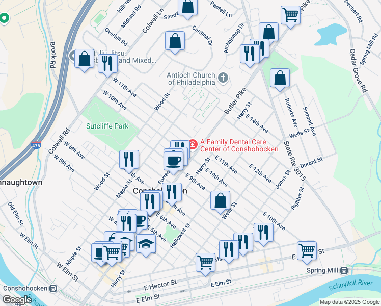 map of restaurants, bars, coffee shops, grocery stores, and more near 1007 Fayette Street in Conshohocken