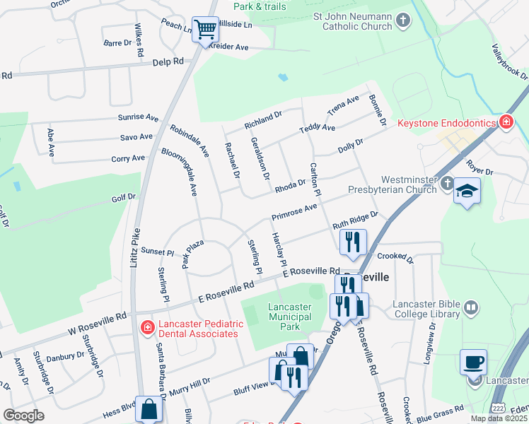 map of restaurants, bars, coffee shops, grocery stores, and more near 255 Primrose Avenue in Lancaster