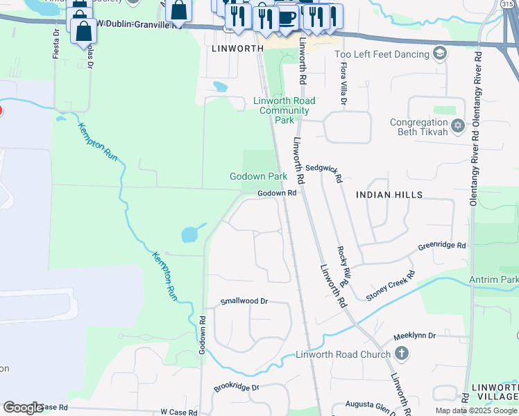 map of restaurants, bars, coffee shops, grocery stores, and more near 1281 Island Bay Drive in Columbus