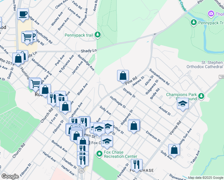 map of restaurants, bars, coffee shops, grocery stores, and more near 8310 Pine Road in Philadelphia