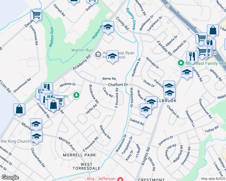 map of restaurants, bars, coffee shops, grocery stores, and more near 10943 Carey Plaza in Philadelphia
