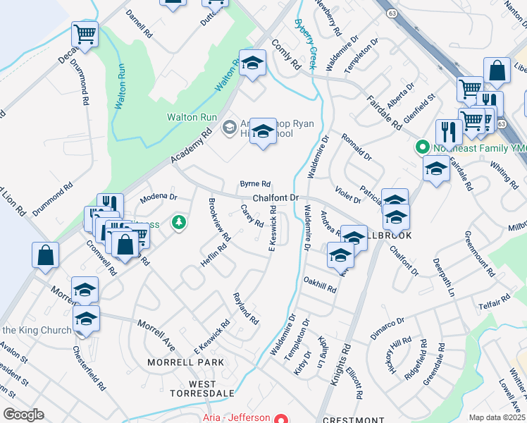 map of restaurants, bars, coffee shops, grocery stores, and more near 10943 Carey Plaza in Philadelphia