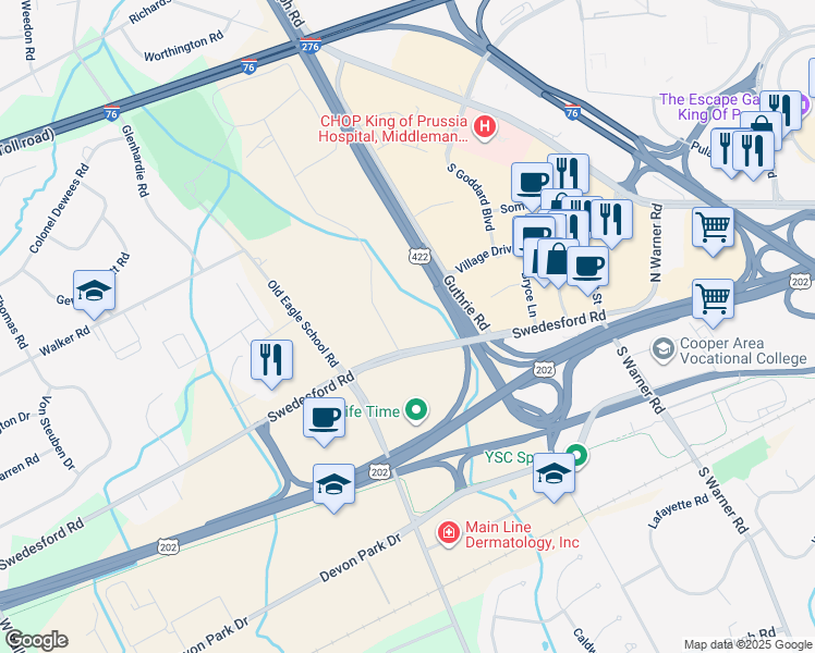 map of restaurants, bars, coffee shops, grocery stores, and more near 1100 Drummers Lane in Wayne