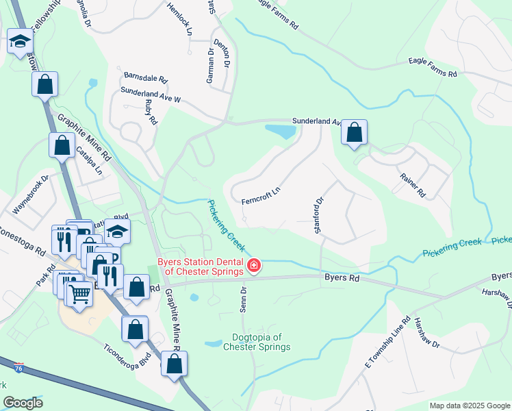 map of restaurants, bars, coffee shops, grocery stores, and more near 2138 Ferncroft Lane in Chester Springs