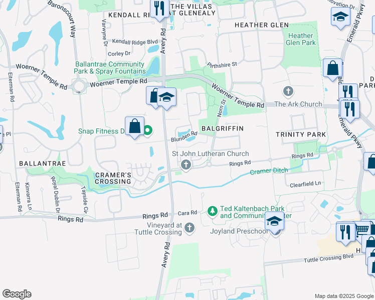 map of restaurants, bars, coffee shops, grocery stores, and more near 6169 Parkview Crossing in Dublin