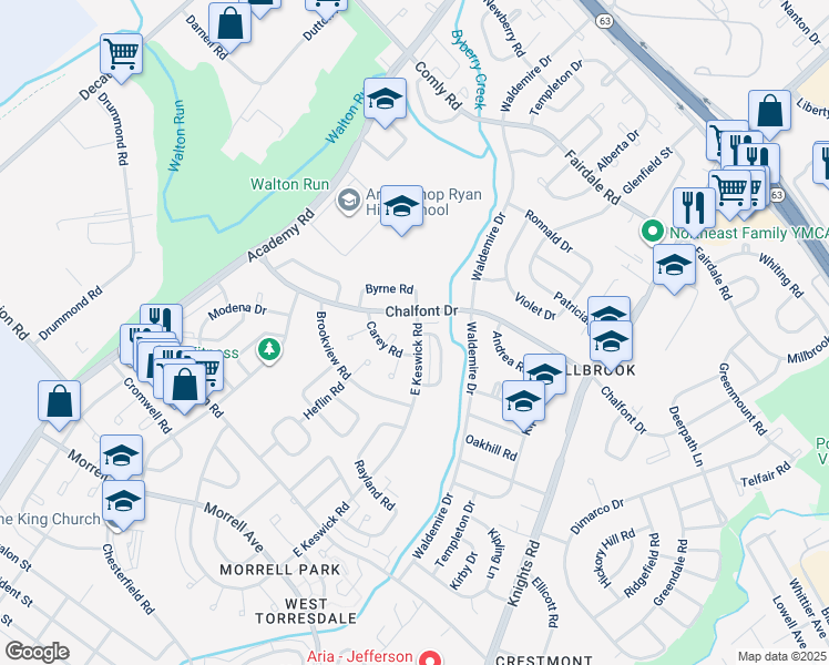 map of restaurants, bars, coffee shops, grocery stores, and more near 10954 East Keswick Road in Philadelphia