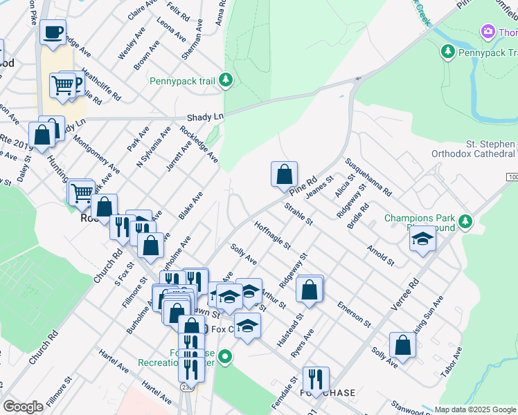 map of restaurants, bars, coffee shops, grocery stores, and more near 8310 Pine Road in Philadelphia