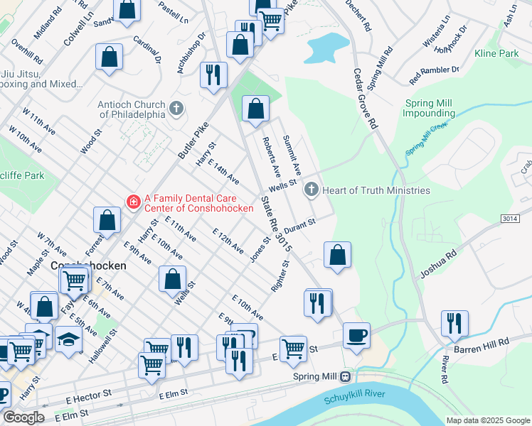 map of restaurants, bars, coffee shops, grocery stores, and more near 325 East North Lane in Conshohocken