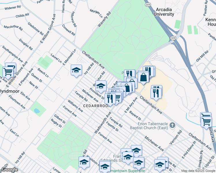 map of restaurants, bars, coffee shops, grocery stores, and more near 1600 Elaine Street in Philadelphia