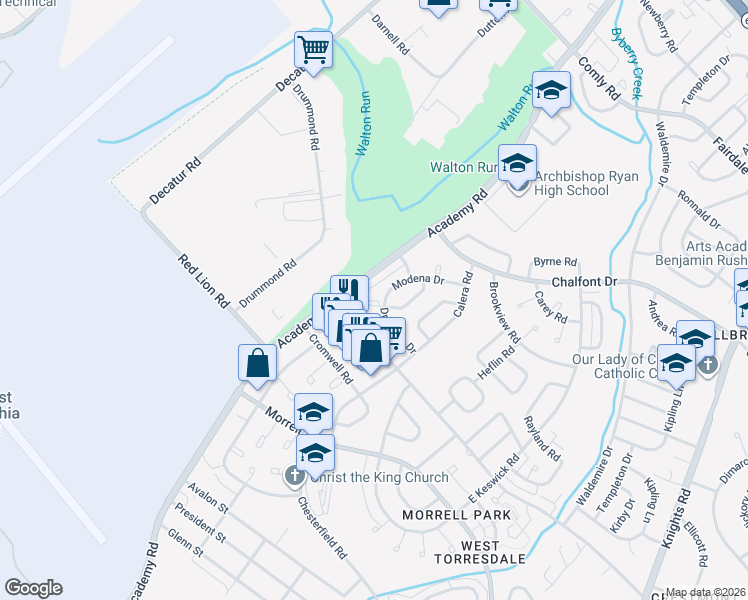 map of restaurants, bars, coffee shops, grocery stores, and more near 10802 Modena Terrace in Philadelphia