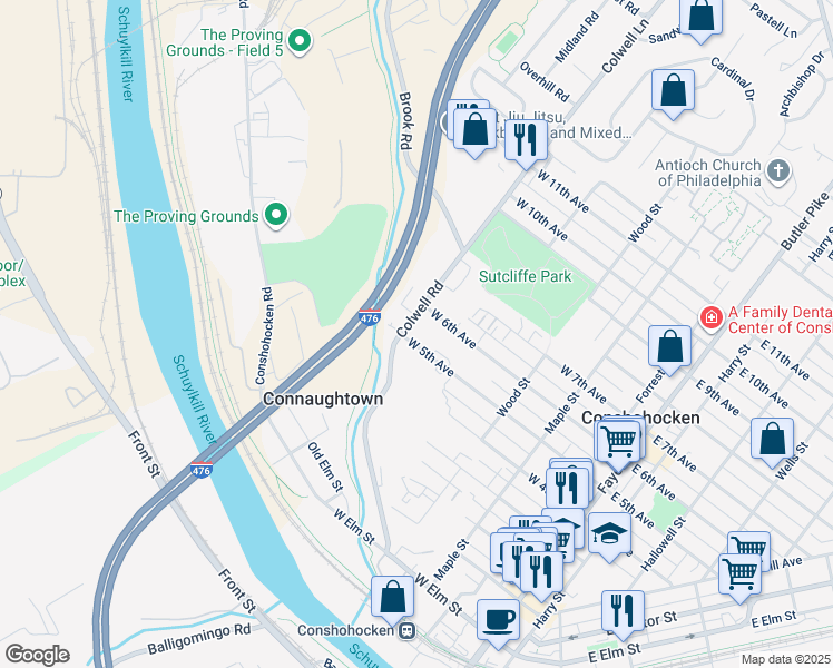map of restaurants, bars, coffee shops, grocery stores, and more near 286 West 5th Avenue in Conshohocken