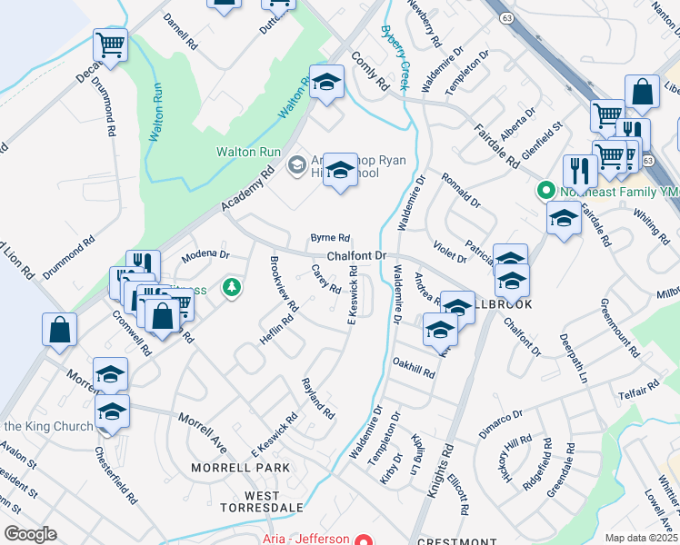 map of restaurants, bars, coffee shops, grocery stores, and more near 10945 Carey Plaza in Philadelphia