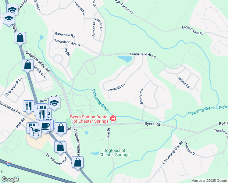 map of restaurants, bars, coffee shops, grocery stores, and more near 2138 Ferncroft Lane in Chester Springs