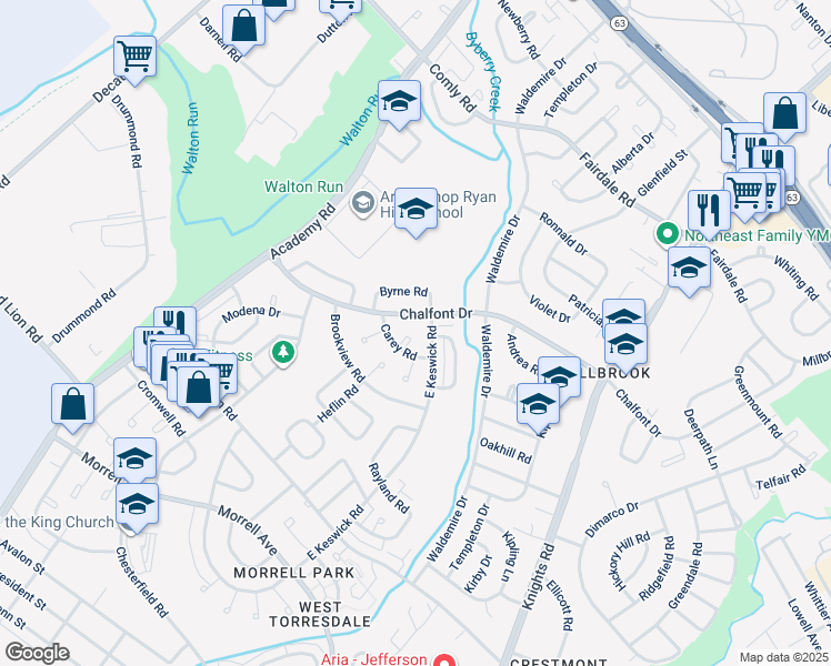 map of restaurants, bars, coffee shops, grocery stores, and more near 10945 Carey Plaza in Philadelphia