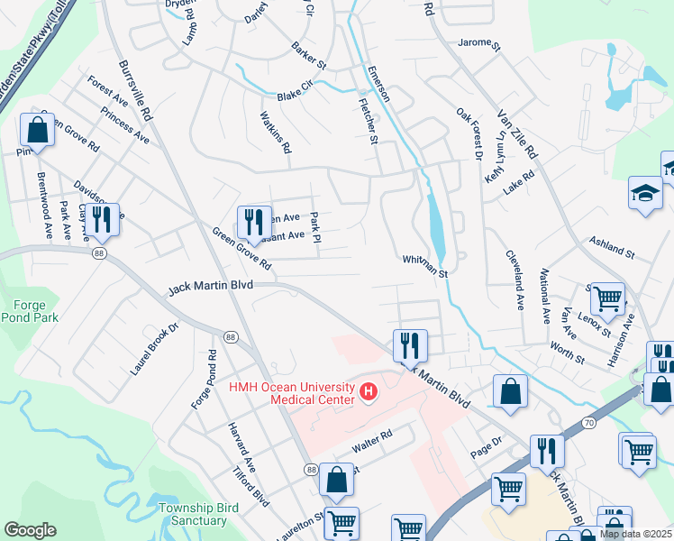 map of restaurants, bars, coffee shops, grocery stores, and more near 41 Cherie Drive in Brick Township
