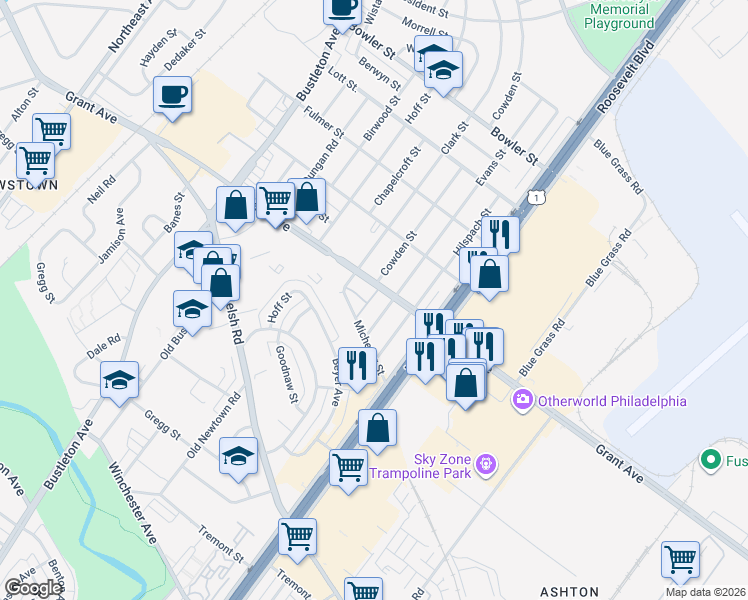 map of restaurants, bars, coffee shops, grocery stores, and more near 2062 Grant Avenue in Philadelphia
