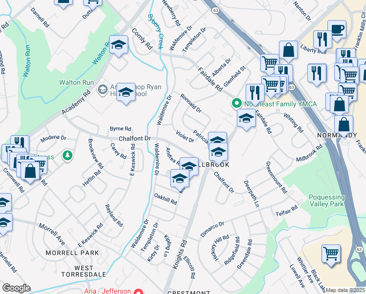 map of restaurants, bars, coffee shops, grocery stores, and more near 3817 Chalfont Drive in Philadelphia