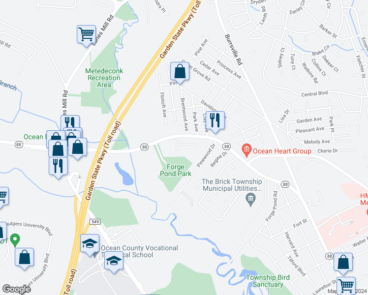 map of restaurants, bars, coffee shops, grocery stores, and more near 1461 New Jersey 88 in Brick Township