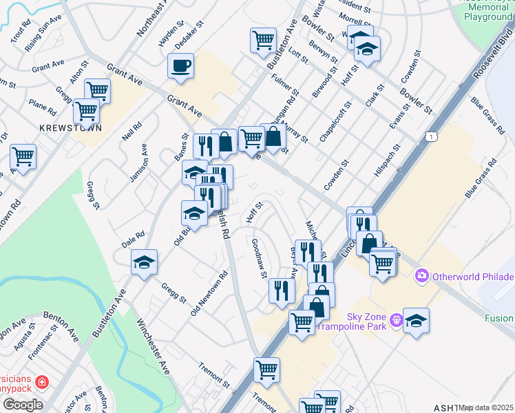 map of restaurants, bars, coffee shops, grocery stores, and more near 9368 Clark Street in Philadelphia