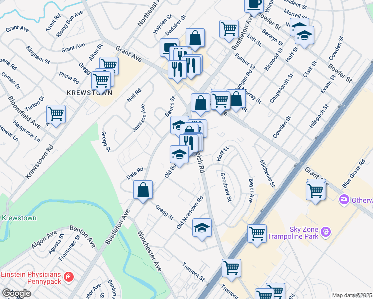 map of restaurants, bars, coffee shops, grocery stores, and more near 9304 Old Bustleton Avenue in Philadelphia