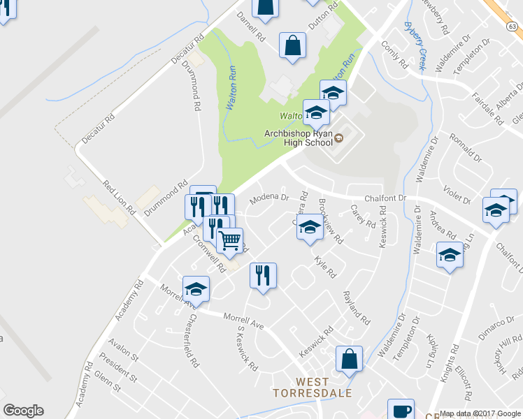 map of restaurants, bars, coffee shops, grocery stores, and more near 10820 Harrow Road in Philadelphia