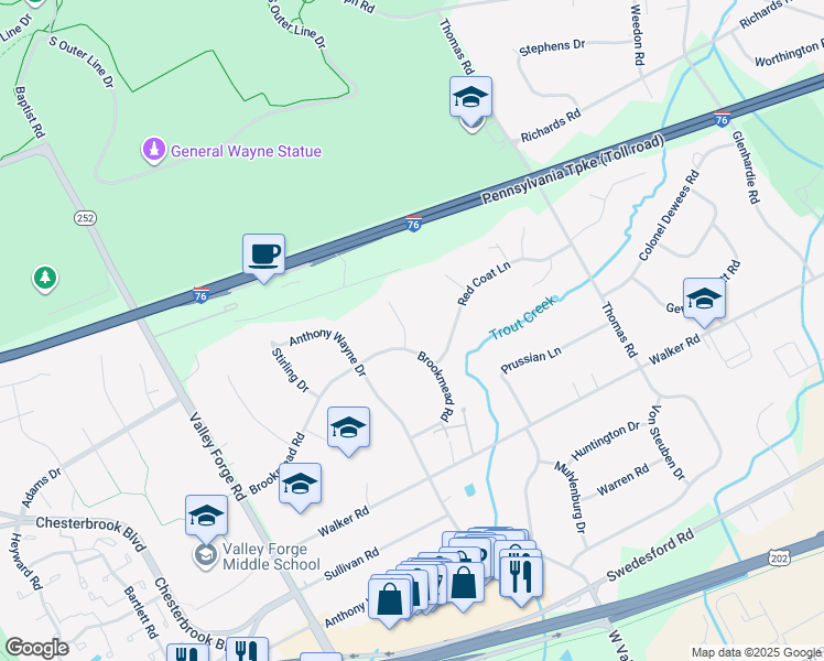 map of restaurants, bars, coffee shops, grocery stores, and more near 1413 Woodford Drive in Wayne
