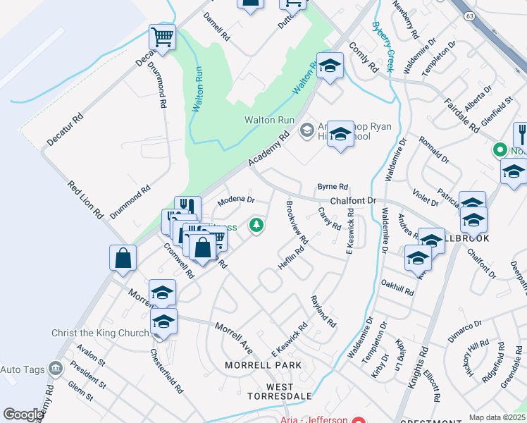 map of restaurants, bars, coffee shops, grocery stores, and more near 10866 Perrin Road in Philadelphia