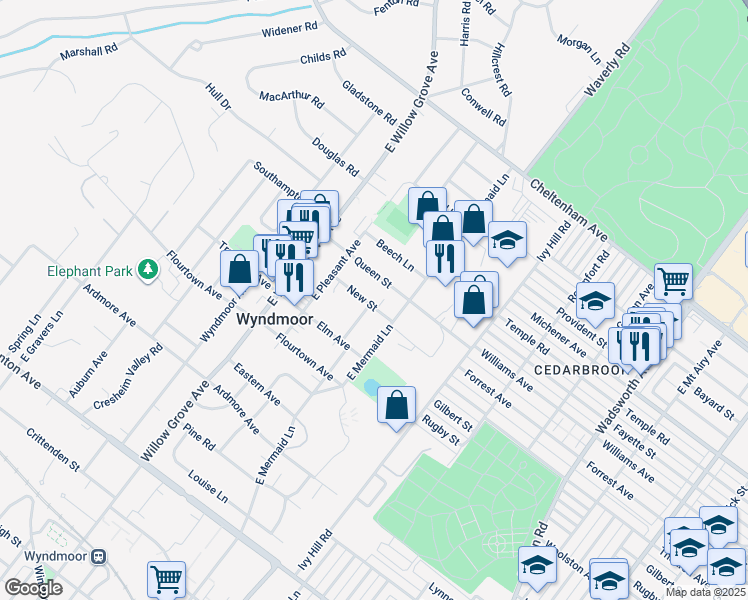 map of restaurants, bars, coffee shops, grocery stores, and more near 7715 New Street in Wyndmoor