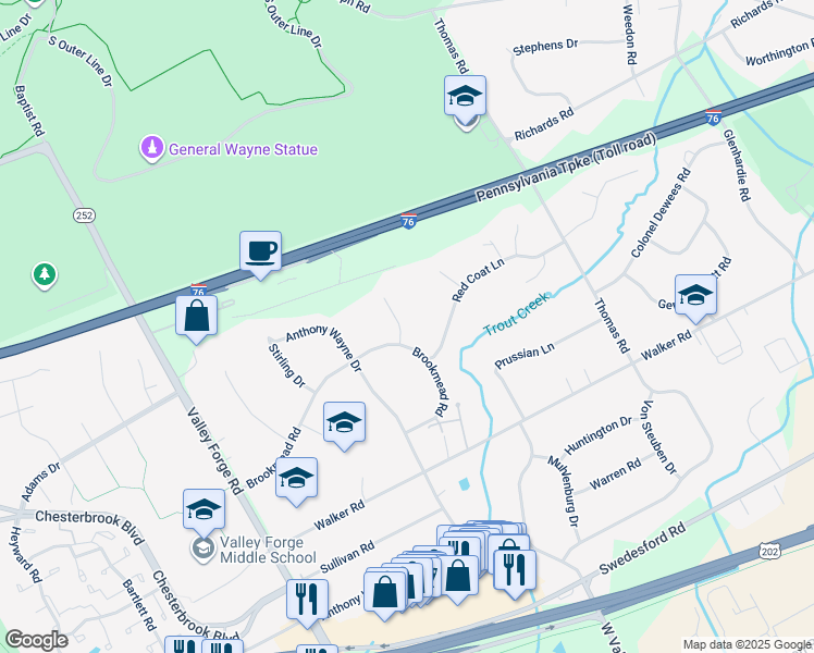 map of restaurants, bars, coffee shops, grocery stores, and more near 1413 Woodford Drive in Wayne