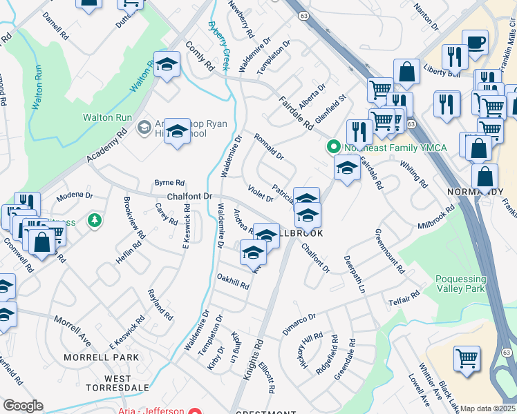 map of restaurants, bars, coffee shops, grocery stores, and more near 3817 Chalfont Drive in Philadelphia