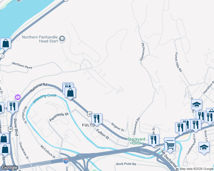 map of restaurants, bars, coffee shops, grocery stores, and more near 93 Raven Avenue in Wheeling