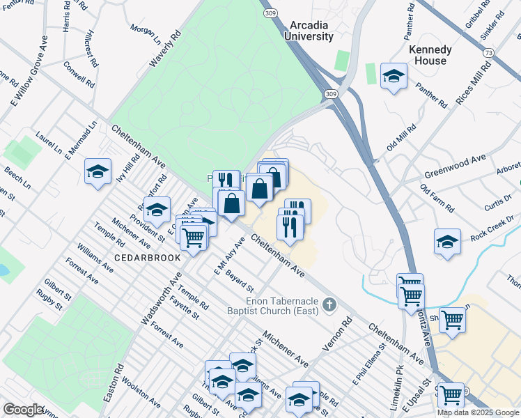 map of restaurants, bars, coffee shops, grocery stores, and more near 1000 South Easton Road in Wyncote