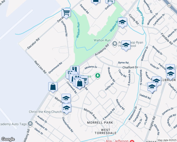 map of restaurants, bars, coffee shops, grocery stores, and more near 10822 Harrow Road in Philadelphia