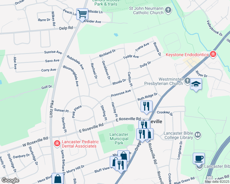 map of restaurants, bars, coffee shops, grocery stores, and more near 311 Primrose Avenue in Lancaster