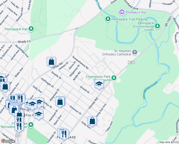 map of restaurants, bars, coffee shops, grocery stores, and more near 734 Susquehanna Road in Philadelphia