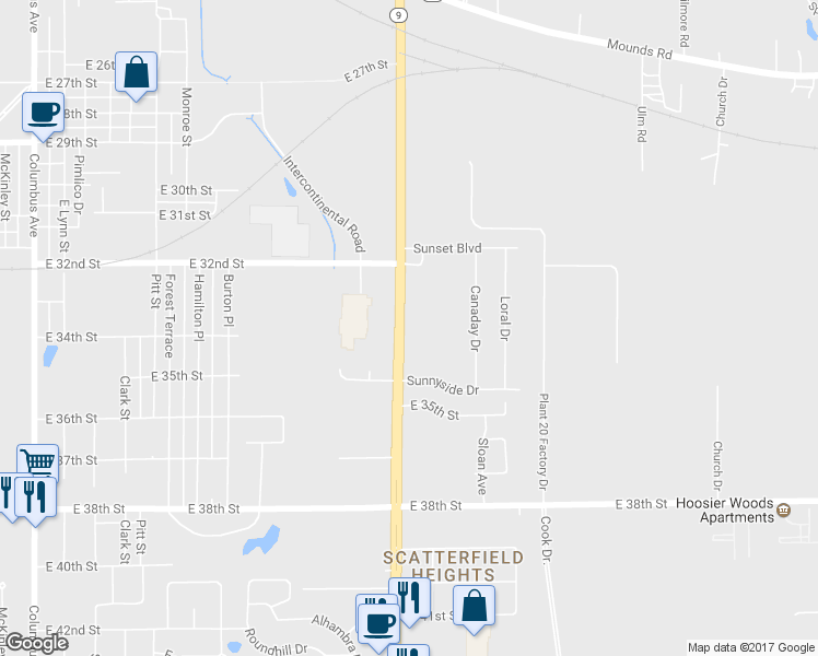 map of restaurants, bars, coffee shops, grocery stores, and more near 3328 South Scatterfield Road in Anderson