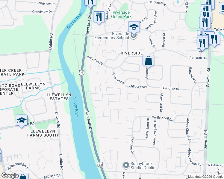 map of restaurants, bars, coffee shops, grocery stores, and more near 3313 Rockland Court in Dublin
