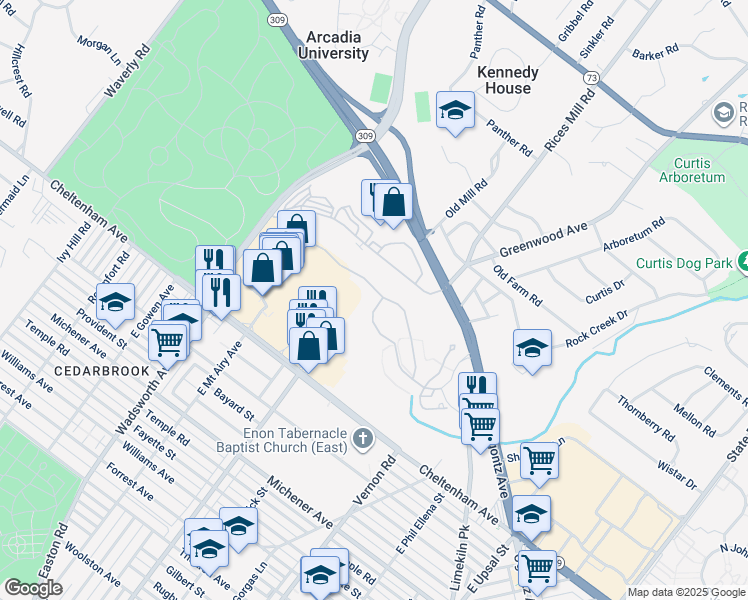 map of restaurants, bars, coffee shops, grocery stores, and more near 286 MacDonald Avenue in Wyncote