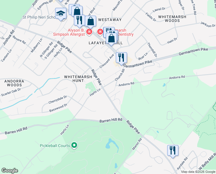 map of restaurants, bars, coffee shops, grocery stores, and more near 3005 Park Avenue in Lafayette Hill