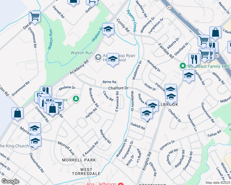 map of restaurants, bars, coffee shops, grocery stores, and more near 10954 East Keswick Road in Philadelphia
