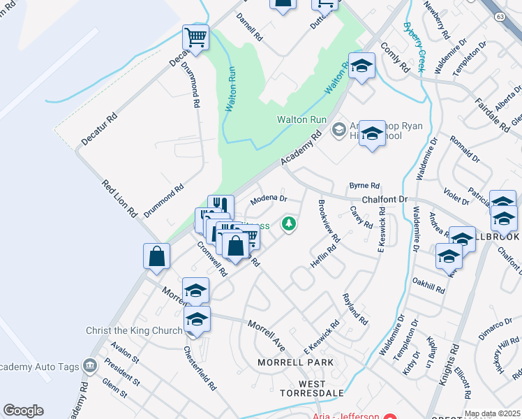 map of restaurants, bars, coffee shops, grocery stores, and more near 10822 Harrow Road in Philadelphia